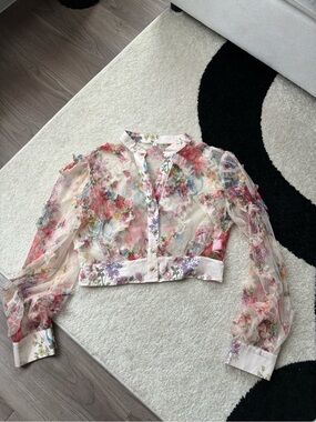 Floral Sheer Cropped Blouse - Pink Multi